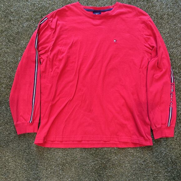 Tommy Hilfiger Red Long Sleeve Shirt Crew Neck Tee Spell Out Mens Size Large - Picture 1 of 11